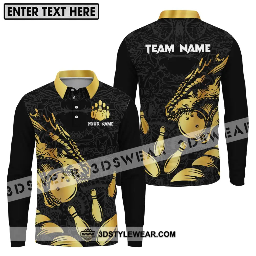 Unisex Shirt - Custom Name And Team Bowling Lover Golden Long Sleeve Polo / S T-Shirt