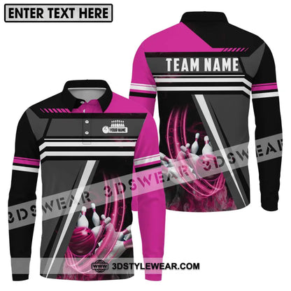 Unisex Shirt - Custom Name And Team Bowling Lover Pink Gray Long Sleeve Polo / S T-Shirt