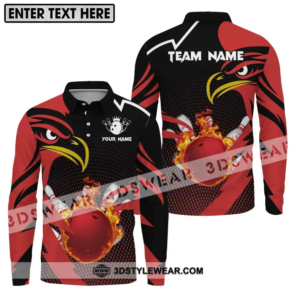 Unisex Shirt - Custom Name And Team Bowling Lover Red Eagle Long Sleeve Polo / S T-Shirt