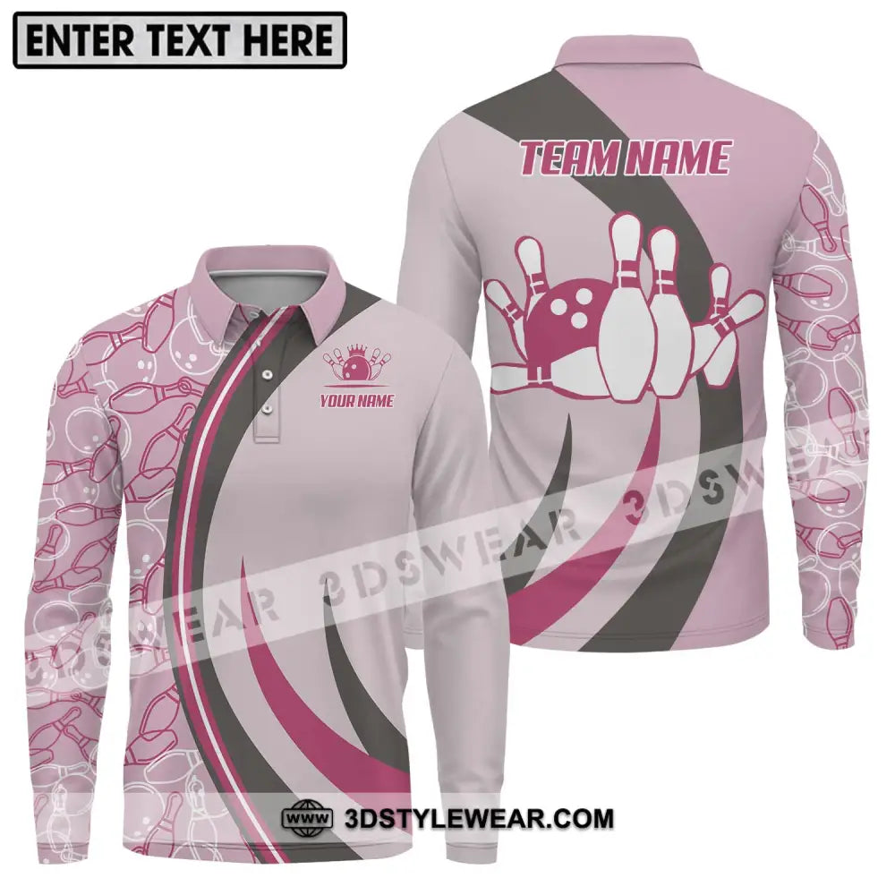 Unisex Shirt - Custom Name And Team Bowling Pink Long Sleeve Polo / S T-Shirt