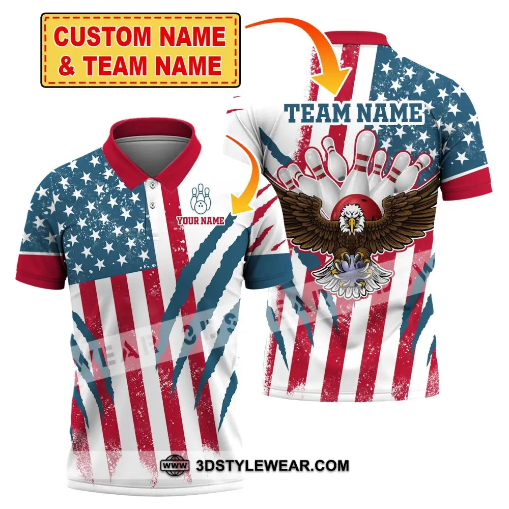 Unisex Shirt Custom Name And Team Bowling Polo America Flag T-Shirt Hoodie Long Sleeve