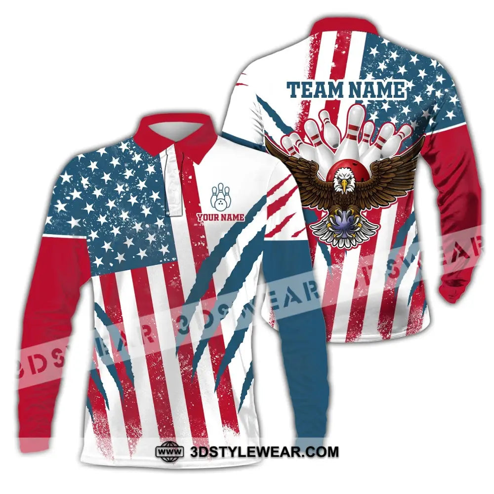 Unisex Shirt Custom Name And Team Bowling Polo America Flag T-Shirt Hoodie Long Sleeve / S