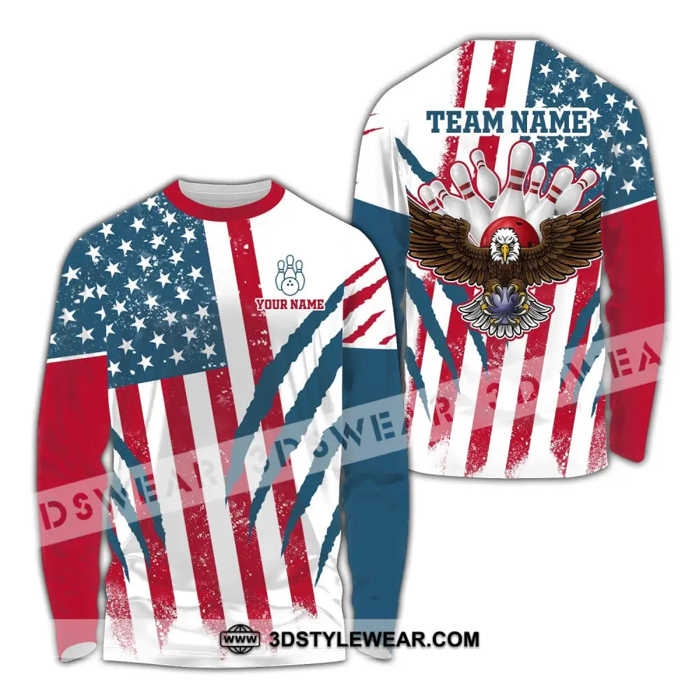 Unisex Shirt Custom Name And Team Bowling Polo America Flag T-Shirt Hoodie Long Sleeve / S