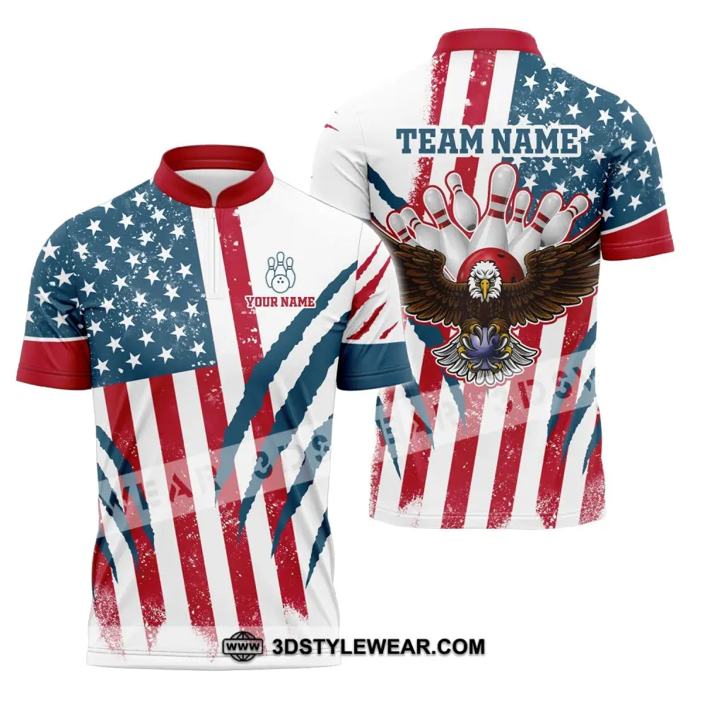 Unisex Shirt Custom Name And Team Bowling Polo America Flag T-Shirt Hoodie Long Sleeve Zipper / S