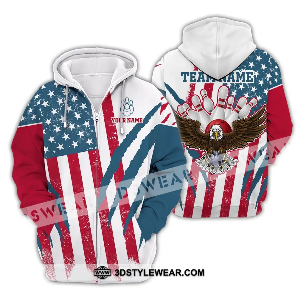 Unisex Shirt Custom Name And Team Bowling Polo America Flag T-Shirt Hoodie Long Sleeve Zipper / S