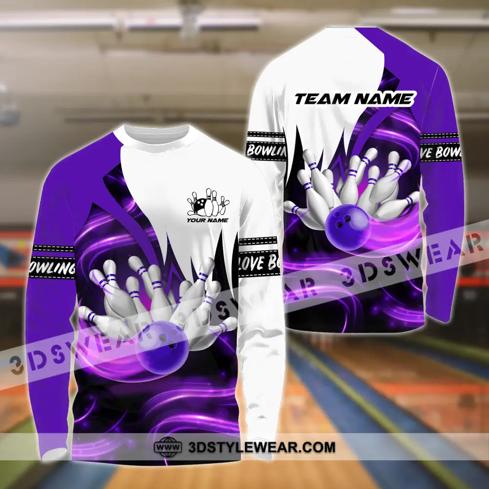 Unisex Shirt - Custom Name And Team Bowling Purple Motifs Long Sleeve / S T-Shirt