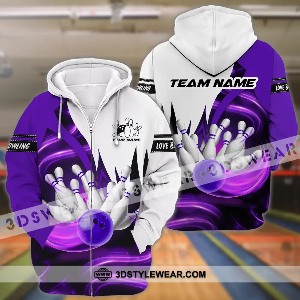 Unisex Shirt - Custom Name And Team Bowling Purple Motifs Zipper Hoodie / S T-Shirt