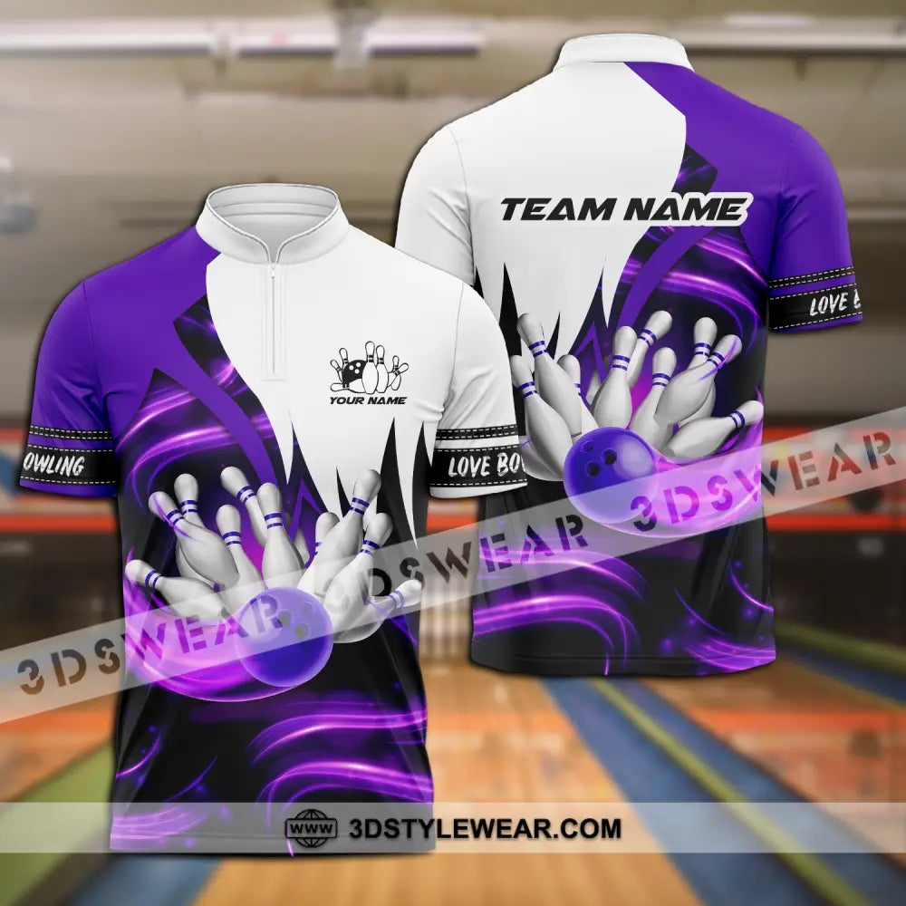 Unisex Shirt - Custom Name And Team Bowling Purple Motifs Zipper Polo / S T-Shirt