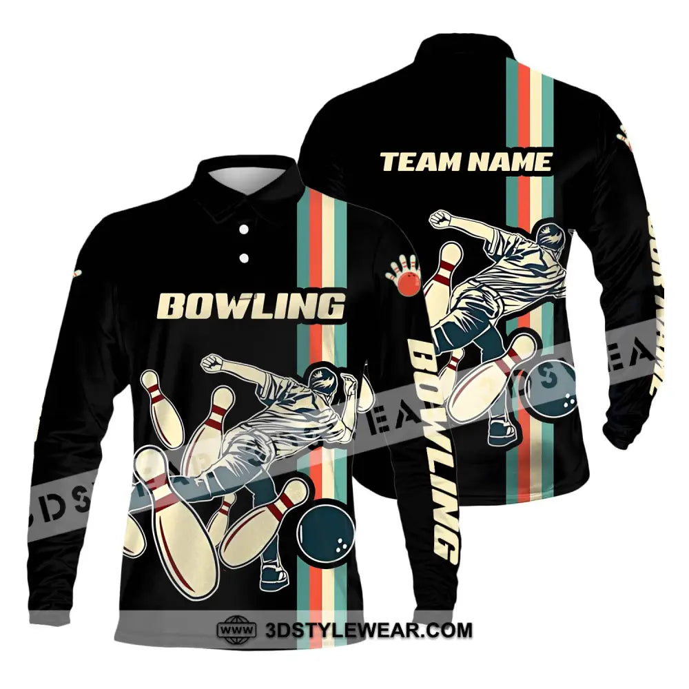 Unisex Shirt - Custom Name And Team Bowling Retro Color Long Sleeve Polo / S T-Shirt