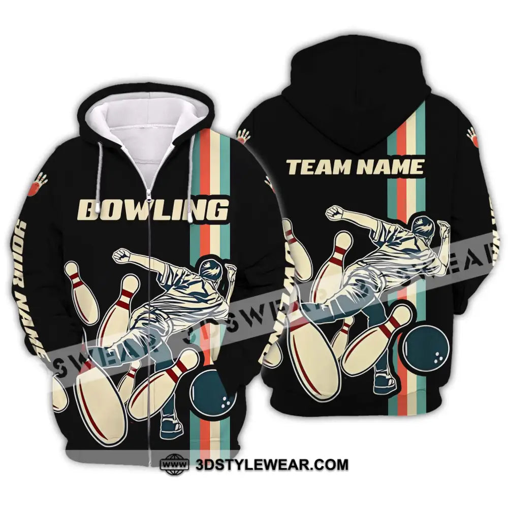 Unisex Shirt - Custom Name And Team Bowling Retro Color Zipper Hoodie / S T-Shirt