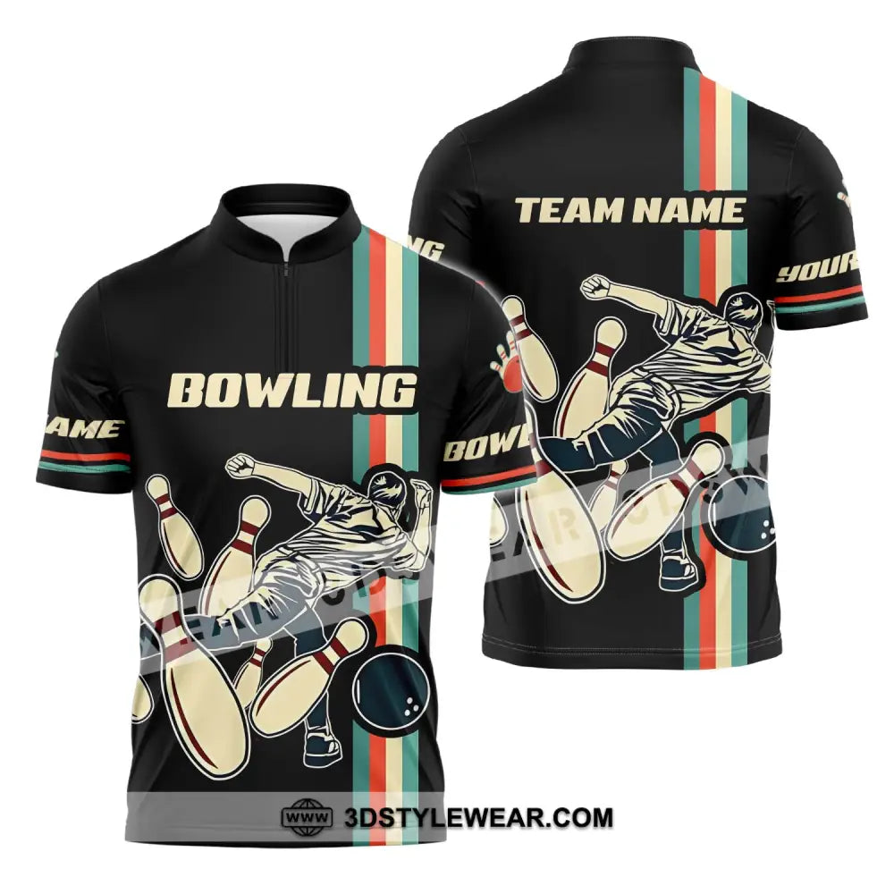 Unisex Shirt - Custom Name And Team Bowling Retro Color Zipper Polo / S T-Shirt