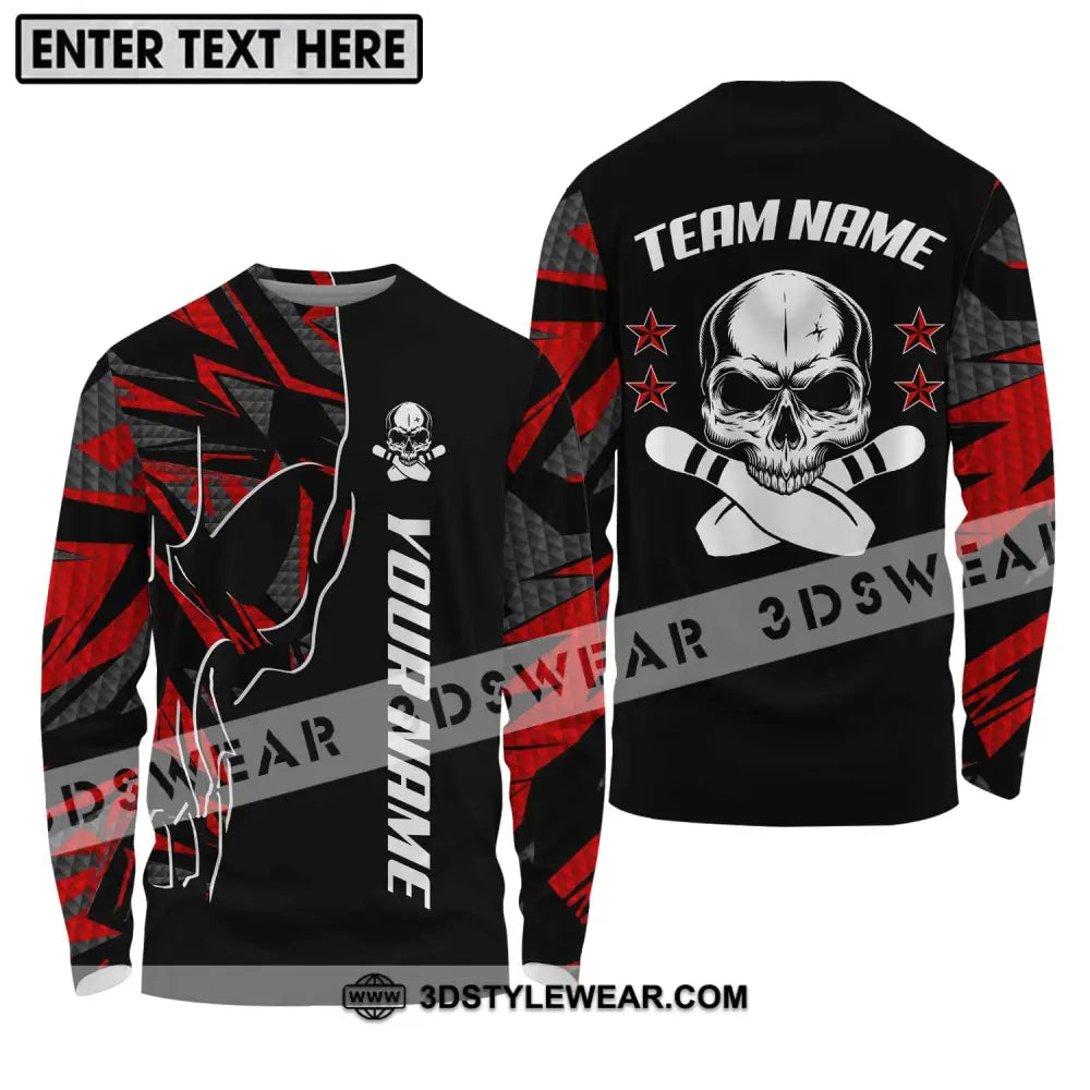 Unisex Shirt - Custom Name And Team Bowling Skull Pins Long Sleeve / S T-Shirt