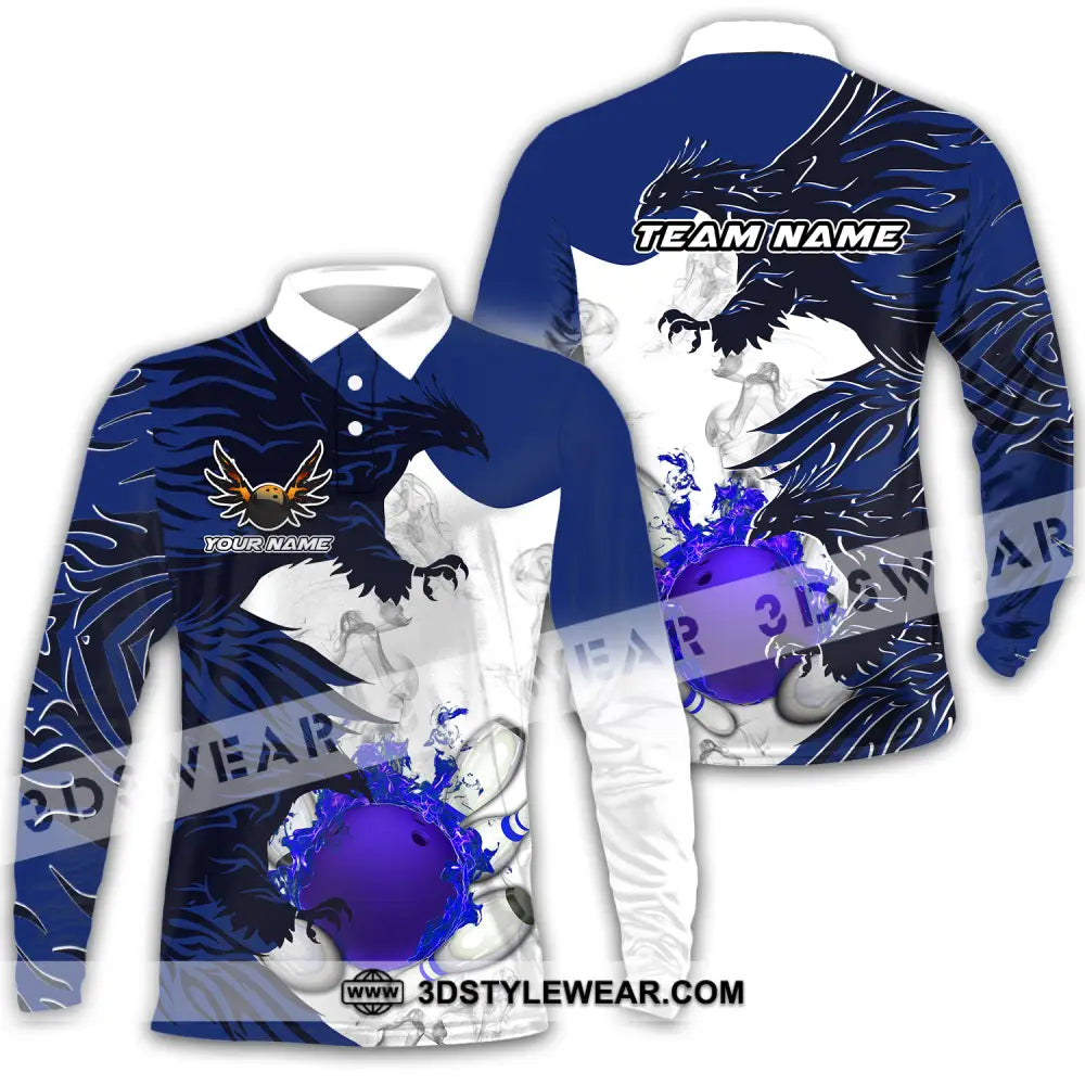 Unisex Shirt - Custom Name And Team Bowling Sport Blue Ball Fly Dragon Long Sleeve Polo / S T-Shirt