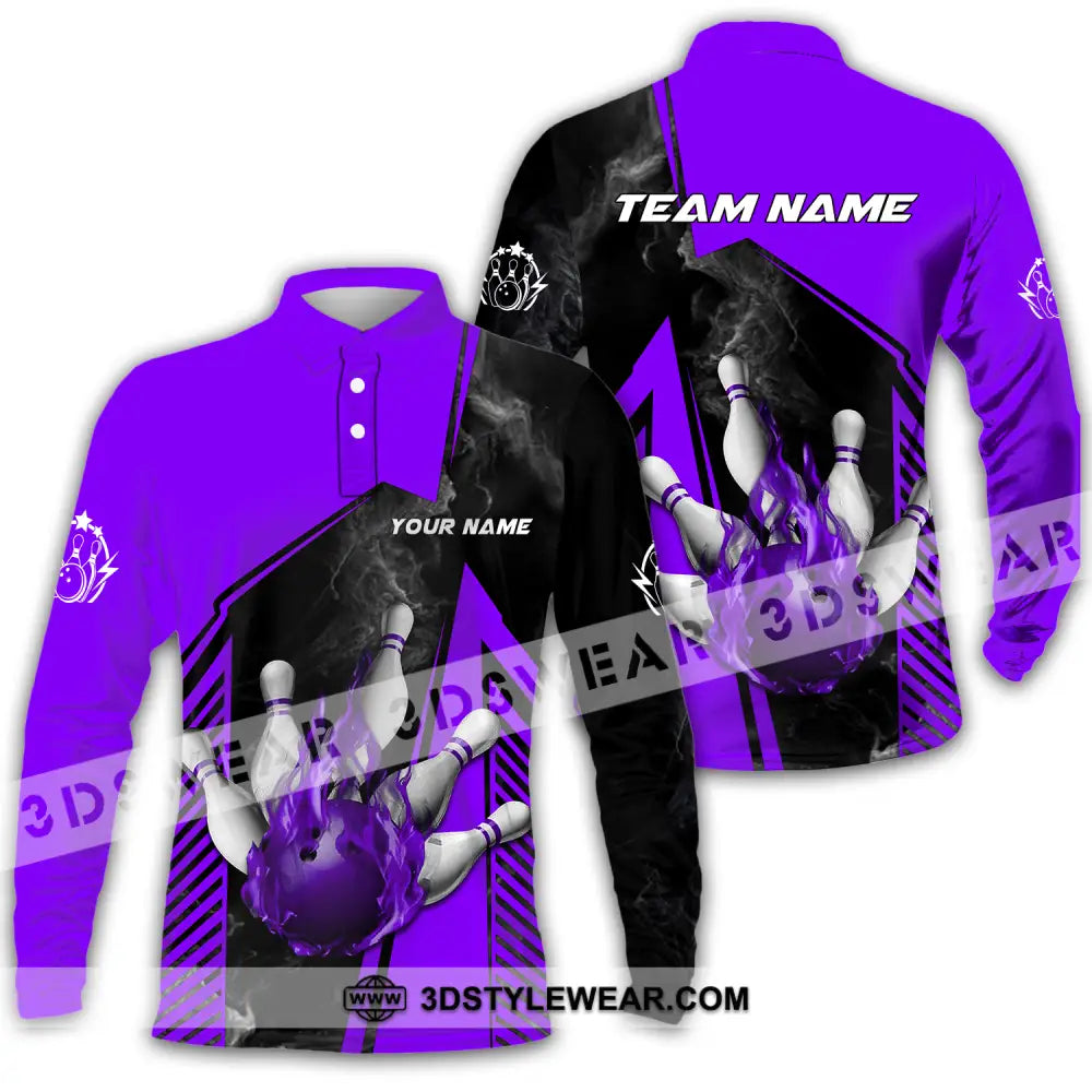 Unisex Shirt - Custom Name And Team Bowling Sport Purple Ball Long Sleeve Polo / S T-Shirt