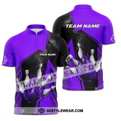 Unisex Shirt - Custom Name And Team Bowling Sport Purple Ball Zipper Polo / S T-Shirt