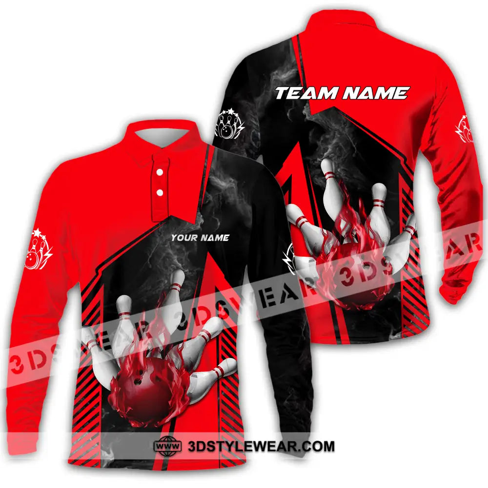 Unisex Shirt - Custom Name And Team Bowling Sport Red Ball Long Sleeve Polo / S T-Shirt