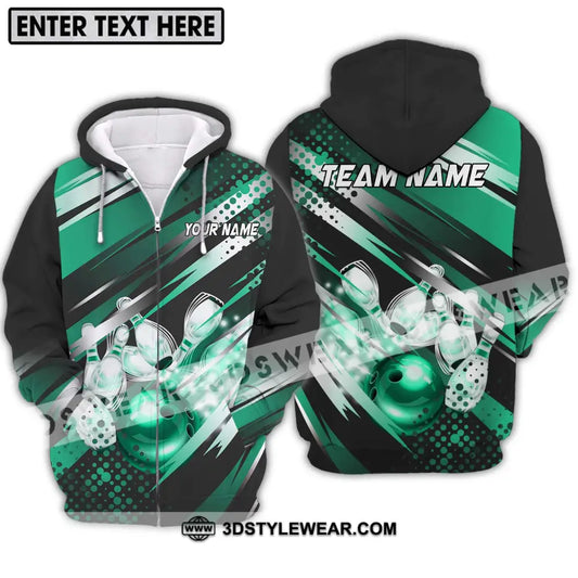 Unisex Shirt - Custom Name And Team Emerald Bowling Ball Pins Zipper Hoodie / S T-Shirt