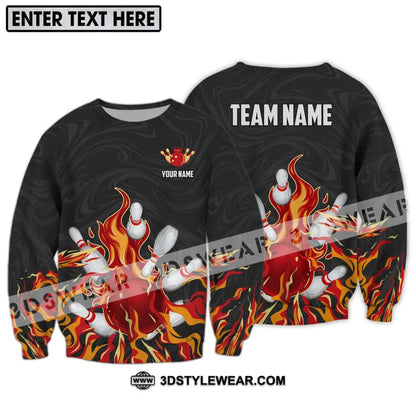 Unisex Shirt - Custom Name And Team Fire Bowling Ball Pins Long Sleeve / S T-Shirt