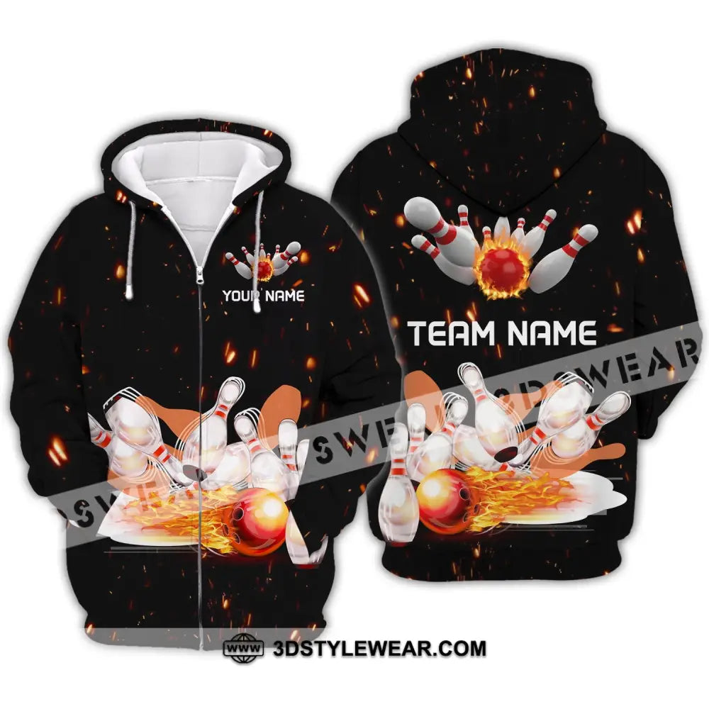 Unisex Shirt - Custom Name And Team Fire Light Bowling Balls Zipper Hoodie / S T-Shirt