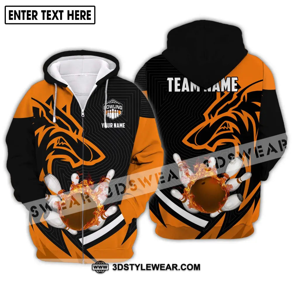 Unisex Shirt - Custom Name And Team Fire Wolf Bowling Zipper Hoodie / S T-Shirt