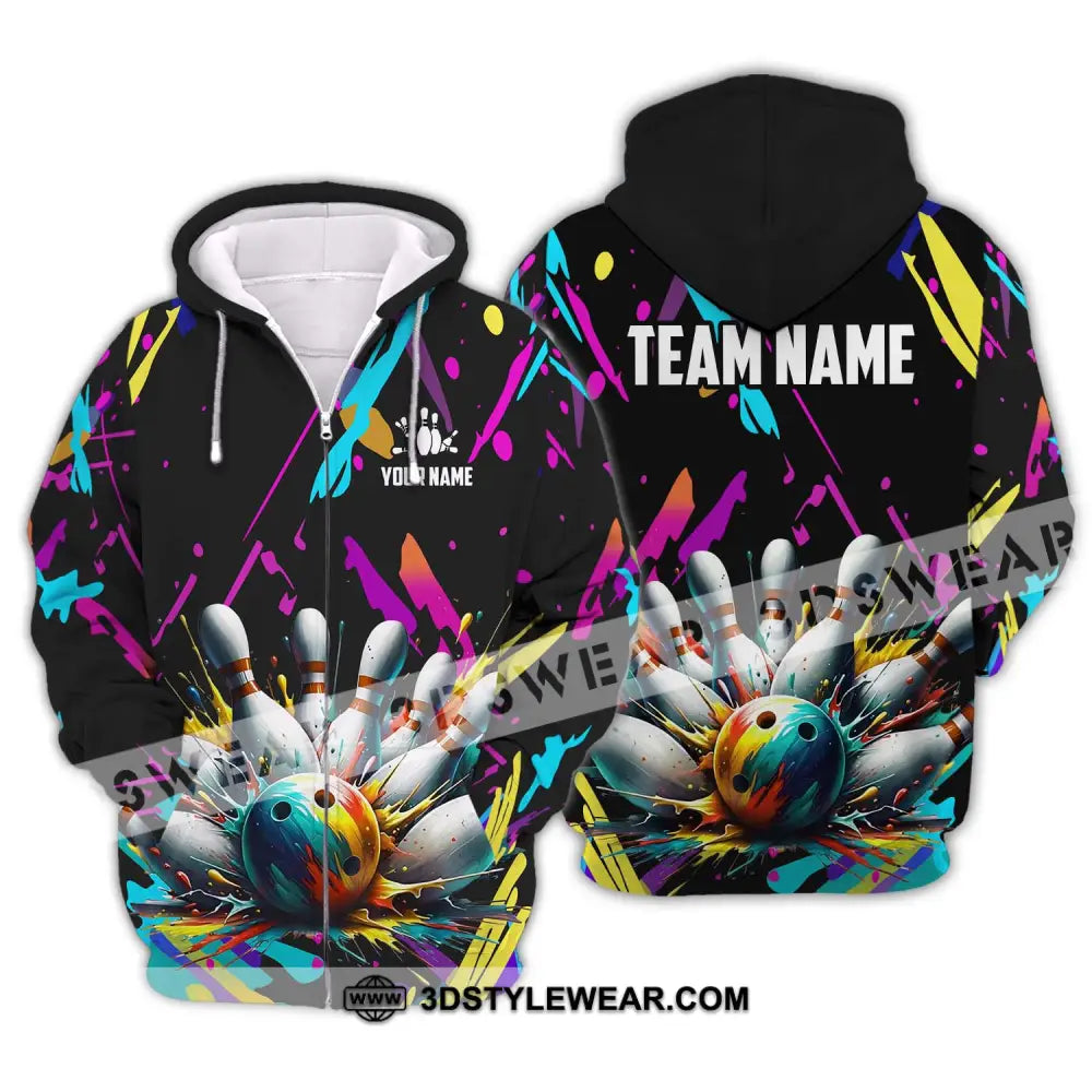 Unisex Shirt - Custom Name And Team Full Of Colorful Bowling Zipper Hoodie / S T-Shirt