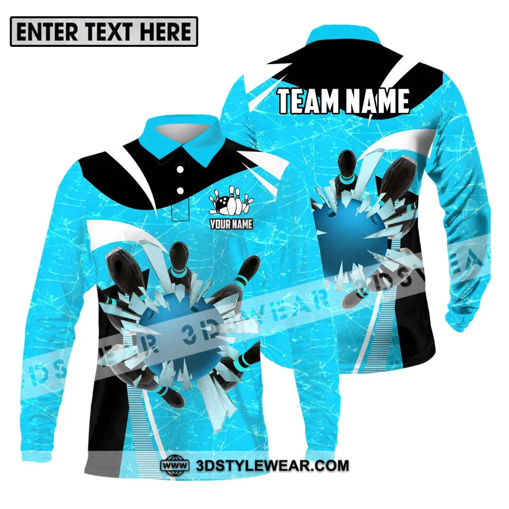 Unisex Shirt - Custom Name And Team Light Blue Pieces Bowling Long Sleeve Polo / S T-Shirt