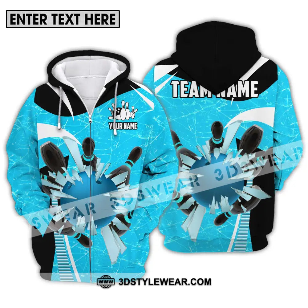 Unisex Shirt - Custom Name And Team Light Blue Pieces Bowling Zipper Hoodie / S T-Shirt