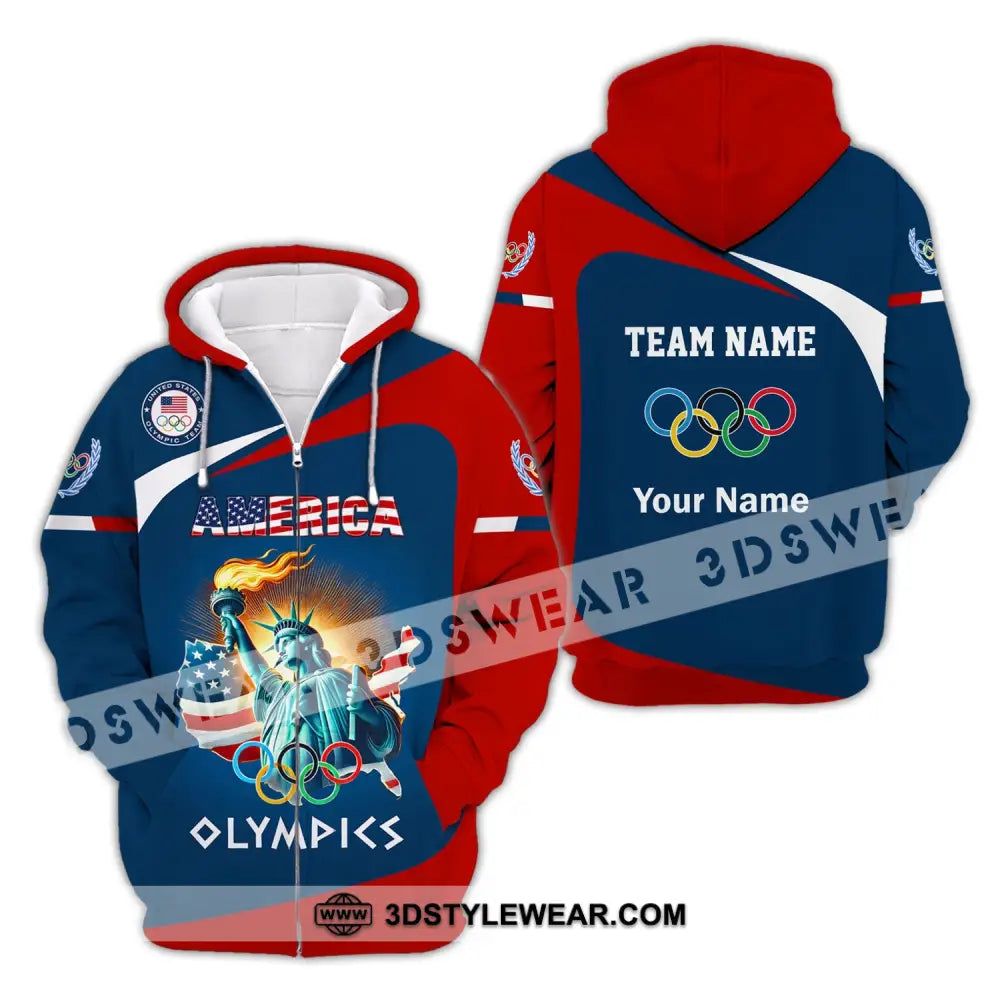 Unisex Shirt Custom Name And Team Olympic 2024 American Long Sleeve Polo Zipper Hoodie / S T-Shirt