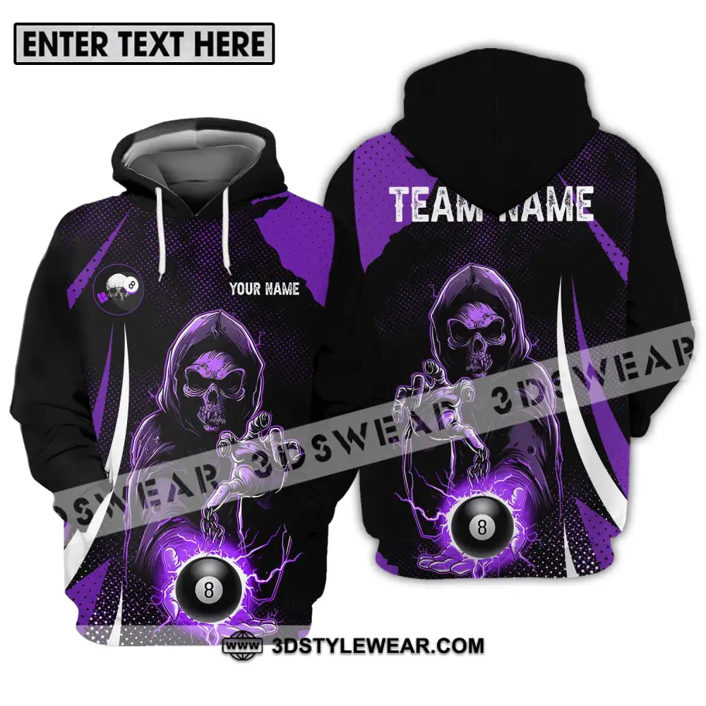 Unisex Shirt - Custom Name And Team Purple Billiard Skull No 8 Hoodie / S T-Shirt