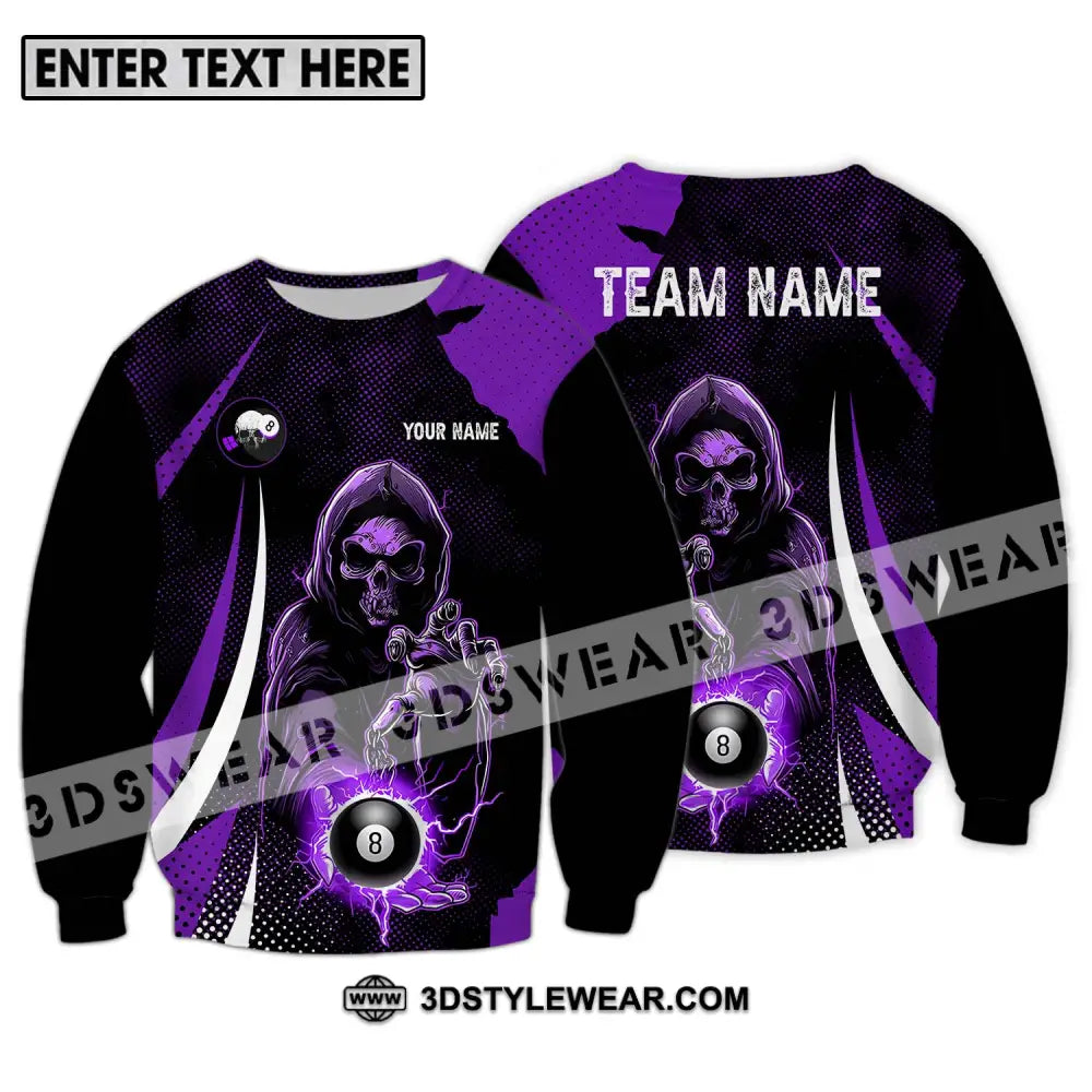 Unisex Shirt - Custom Name And Team Purple Billiard Skull No 8 Long Sleeve / S T-Shirt