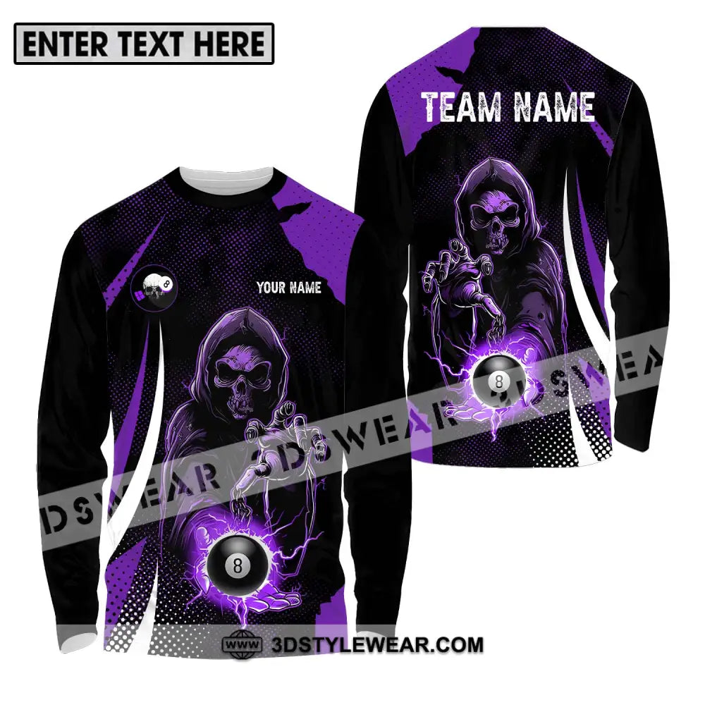 Unisex Shirt - Custom Name And Team Purple Billiard Skull No 8 Long Sleeve / S T-Shirt