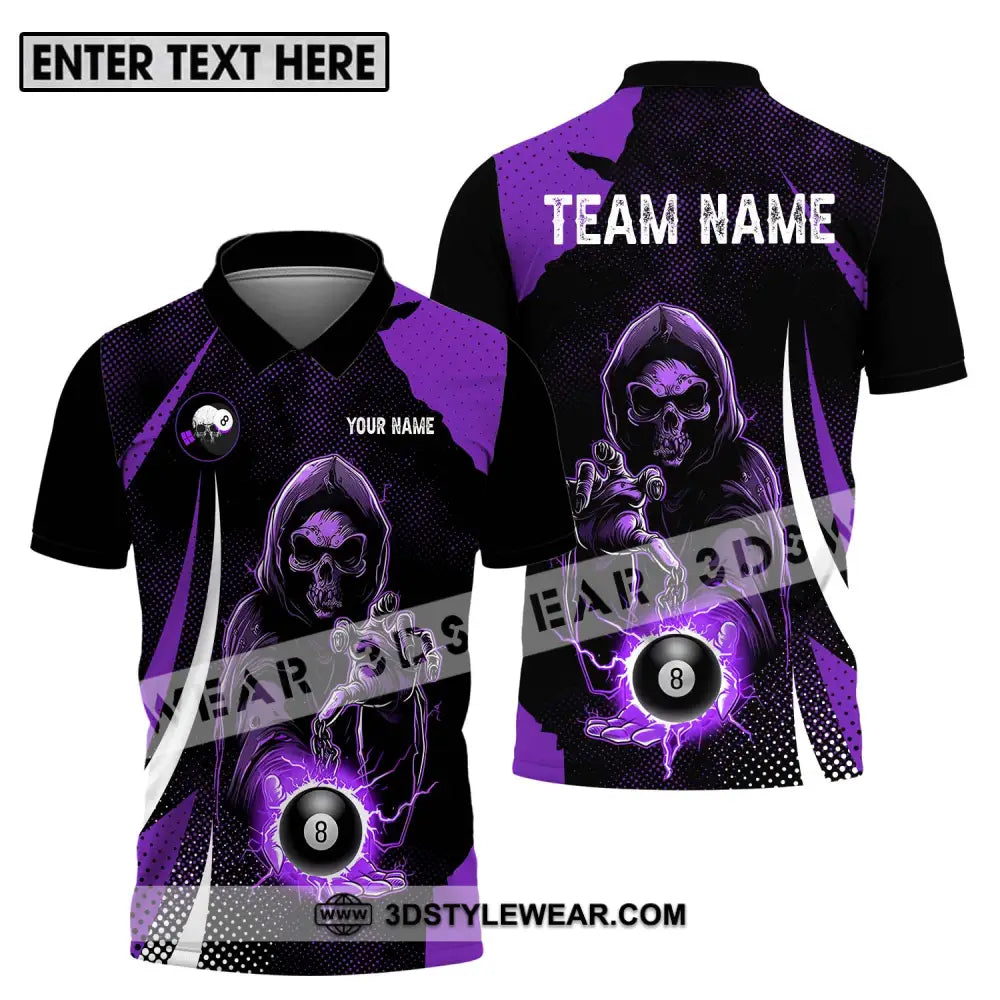 Unisex Shirt - Custom Name And Team Purple Billiard Skull No 8 Polo / S T-Shirt