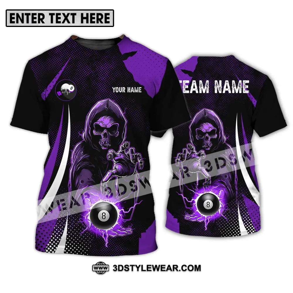 Unisex Shirt - Custom Name And Team Purple Billiard Skull No 8 T-Shirt / S T-Shirt