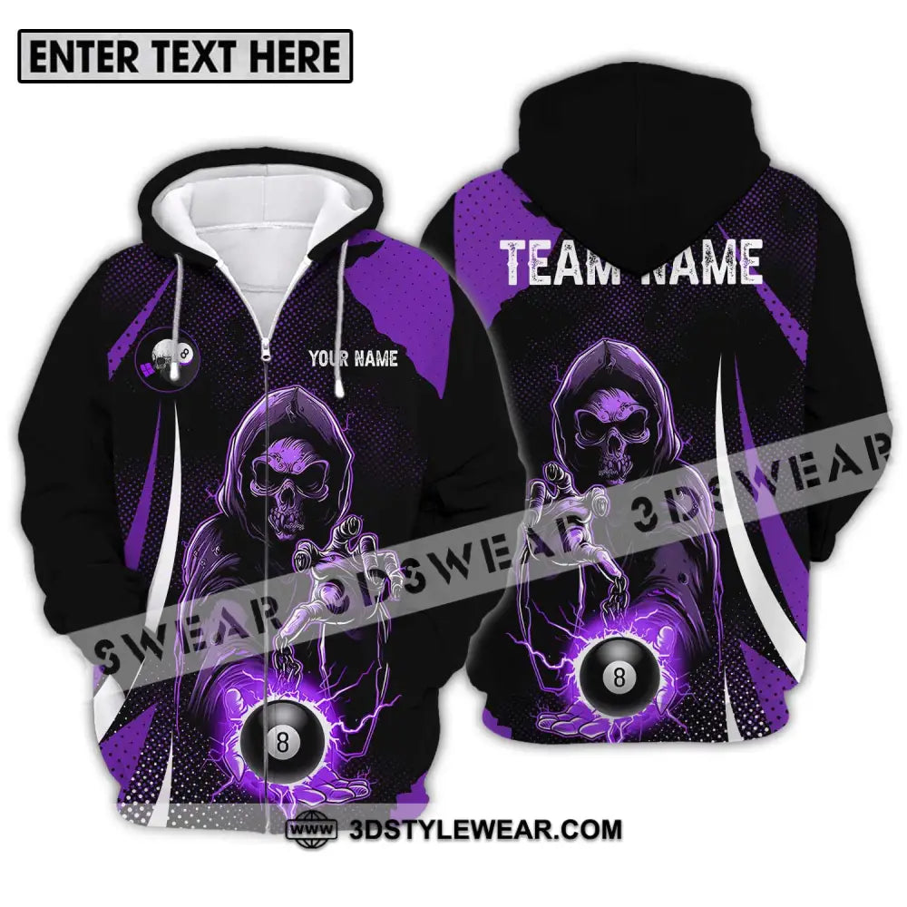 Unisex Shirt - Custom Name And Team Purple Billiard Skull No 8 Zipper Hoodie / S T-Shirt