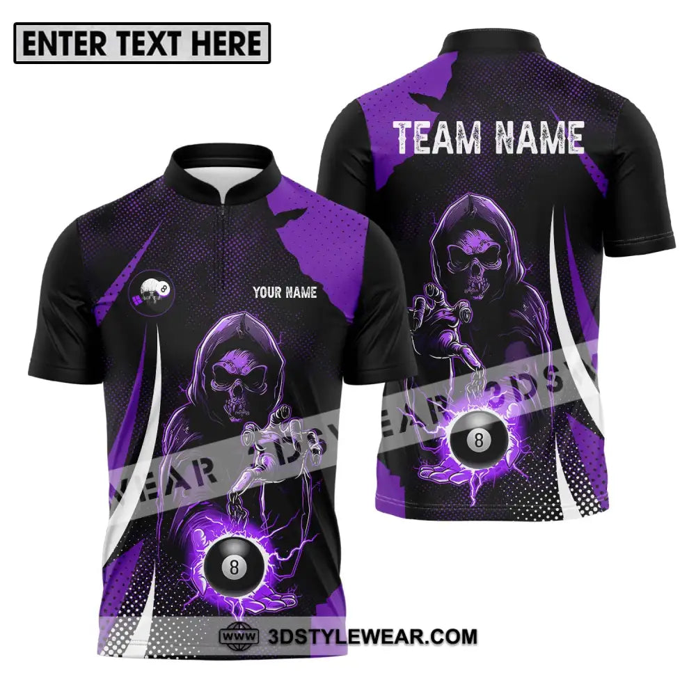 Unisex Shirt - Custom Name And Team Purple Billiard Skull No 8 Zipper Polo / S T-Shirt