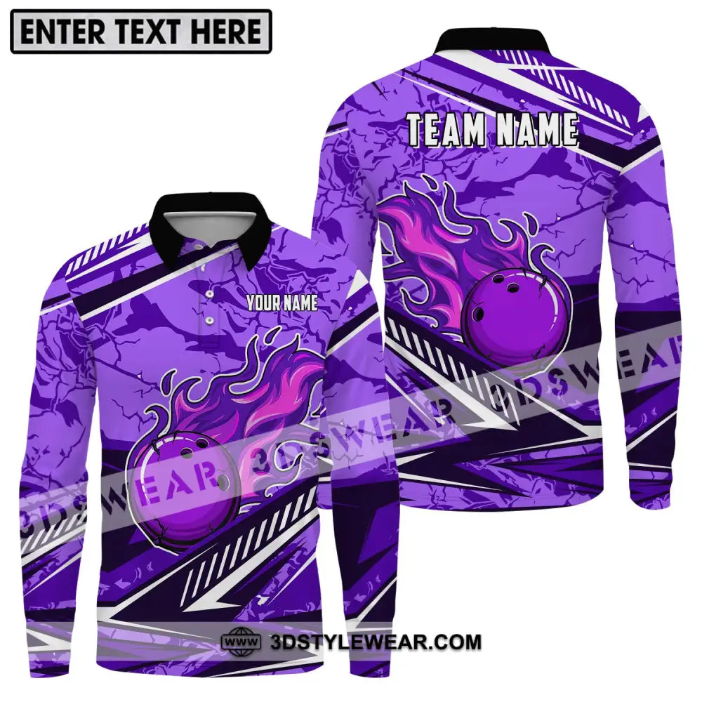 Unisex Shirt - Custom Name And Team Purple Fire Bowling Ball Player Long Sleeve Polo / S T-Shirt