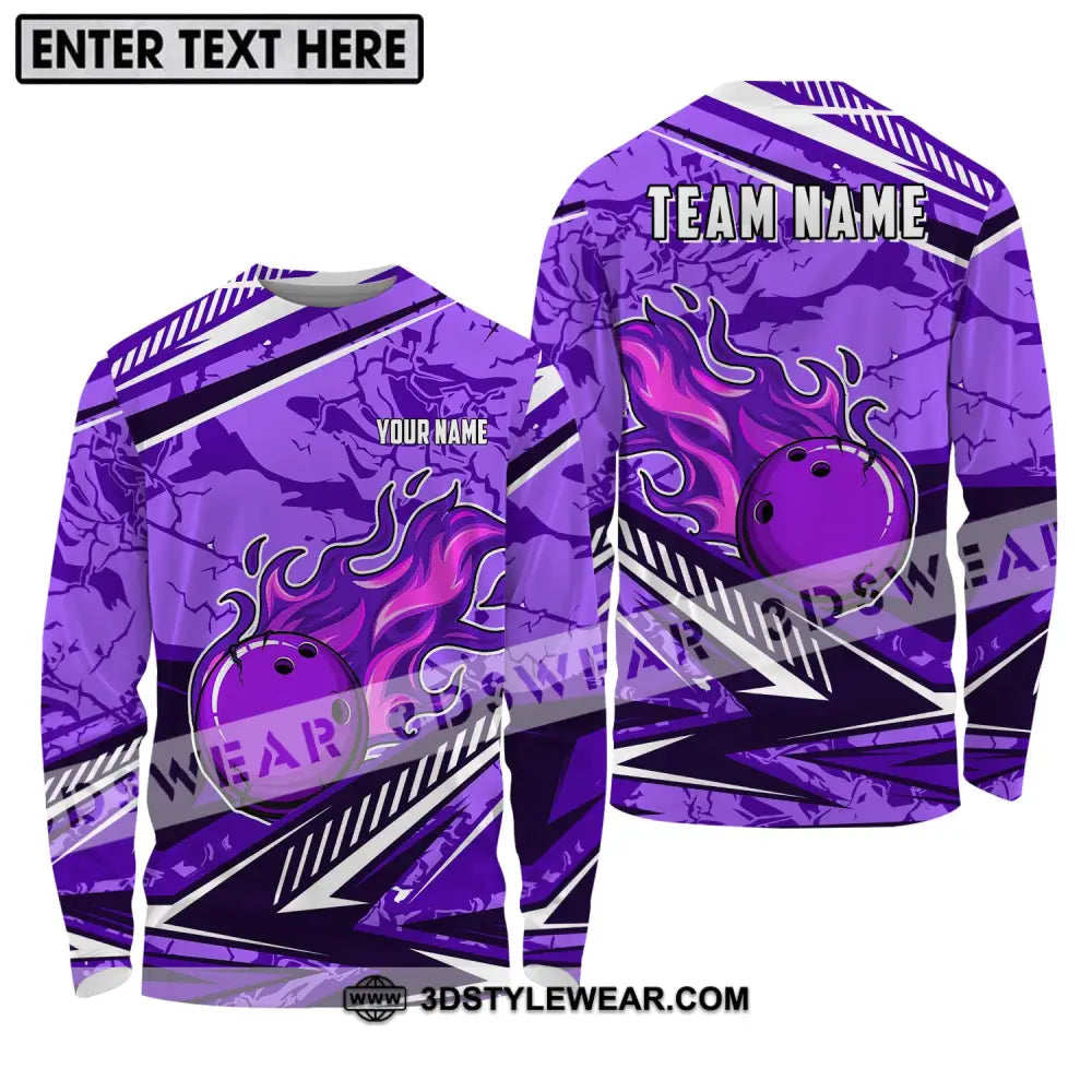 Unisex Shirt - Custom Name And Team Purple Fire Bowling Ball Player Long Sleeve / S T-Shirt