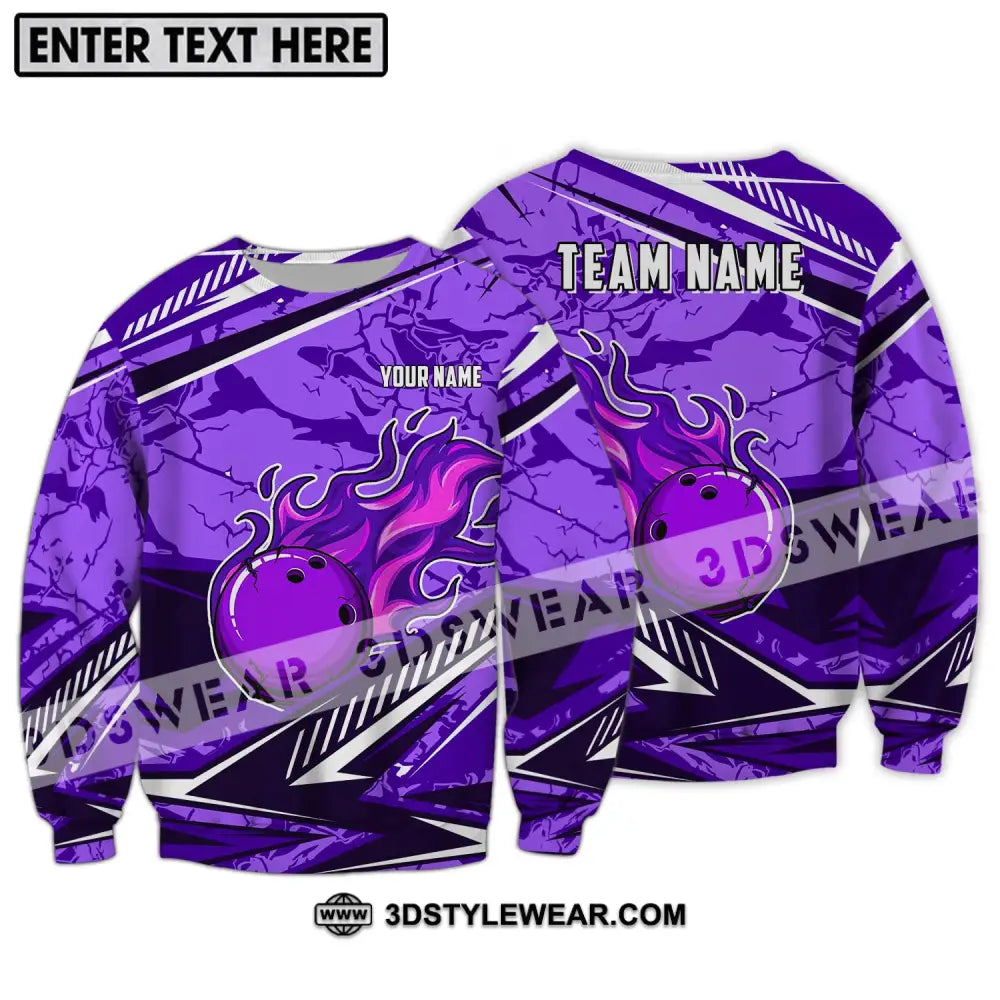 Unisex Shirt - Custom Name And Team Purple Fire Bowling Ball Player Long Sleeve / S T-Shirt