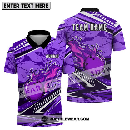 Unisex Shirt - Custom Name And Team Purple Fire Bowling Ball Player Polo / S T-Shirt