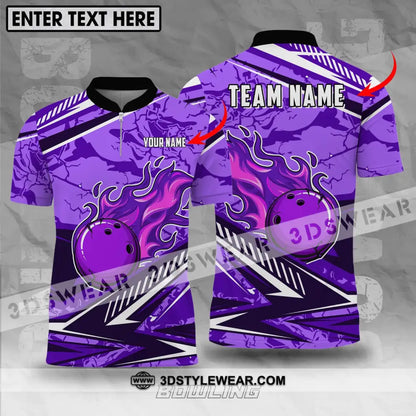 Unisex Shirt - Custom Name And Team Purple Fire Bowling Ball Player T-Shirt