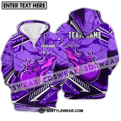 Unisex Shirt - Custom Name And Team Purple Fire Bowling Ball Player Zipper Hoodie / S T-Shirt