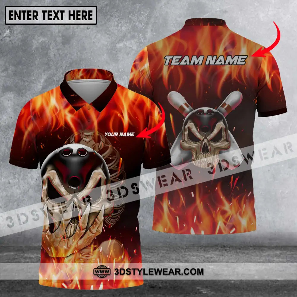 Unisex Shirt - Custom Name And Team Skull Fire Bowling For Lover Polo / S T-Shirt