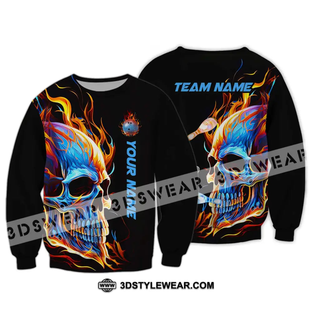 Unisex Shirt - Custom Name And Team Skull Ice Fire Bowling Long Sleeve / S T-Shirt