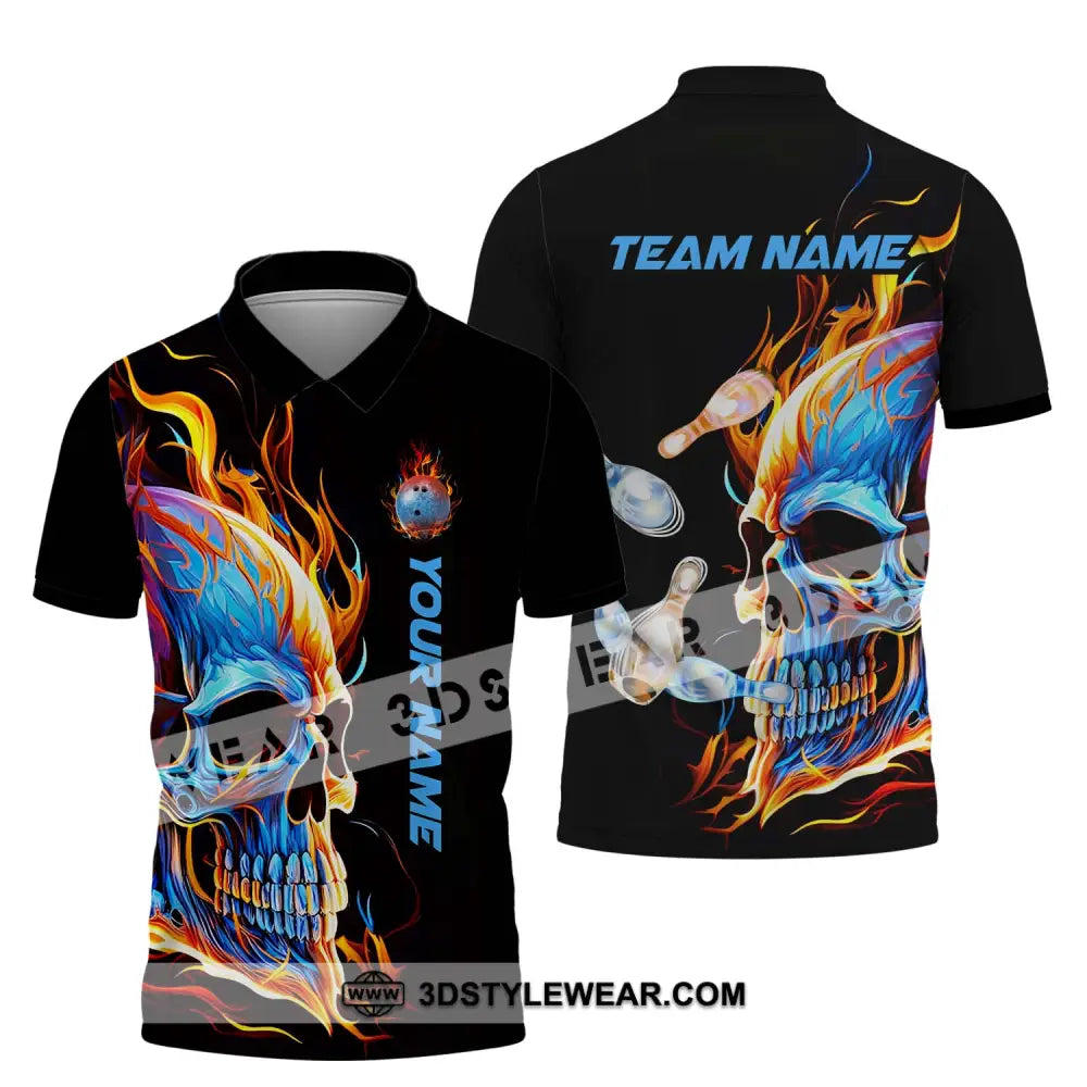 Unisex Shirt - Custom Name And Team Skull Ice Fire Bowling Polo / S T-Shirt