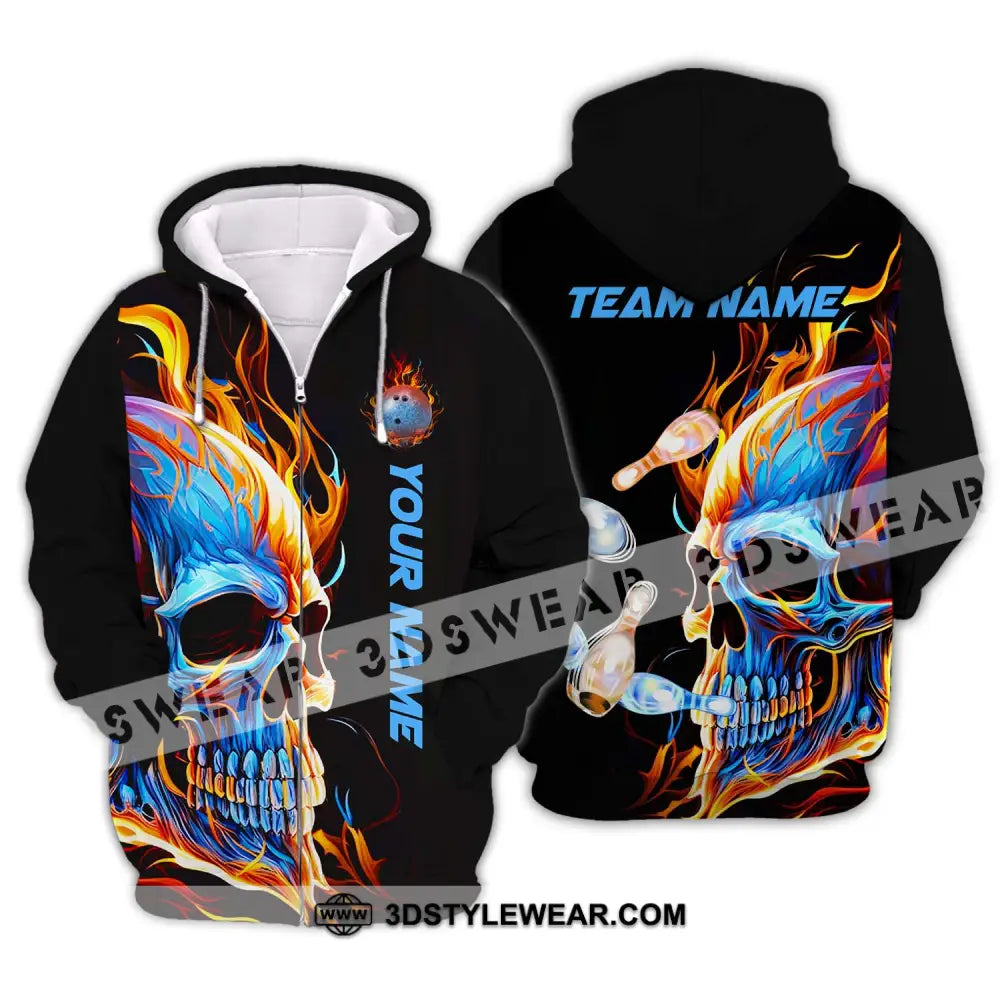 Unisex Shirt - Custom Name And Team Skull Ice Fire Bowling Zipper Hoodie / S T-Shirt