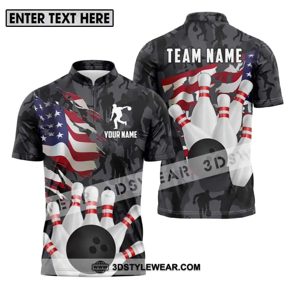 Unisex Shirt - Custom Name And Team Sport America Bowling Player Zipper Polo / S T-Shirt