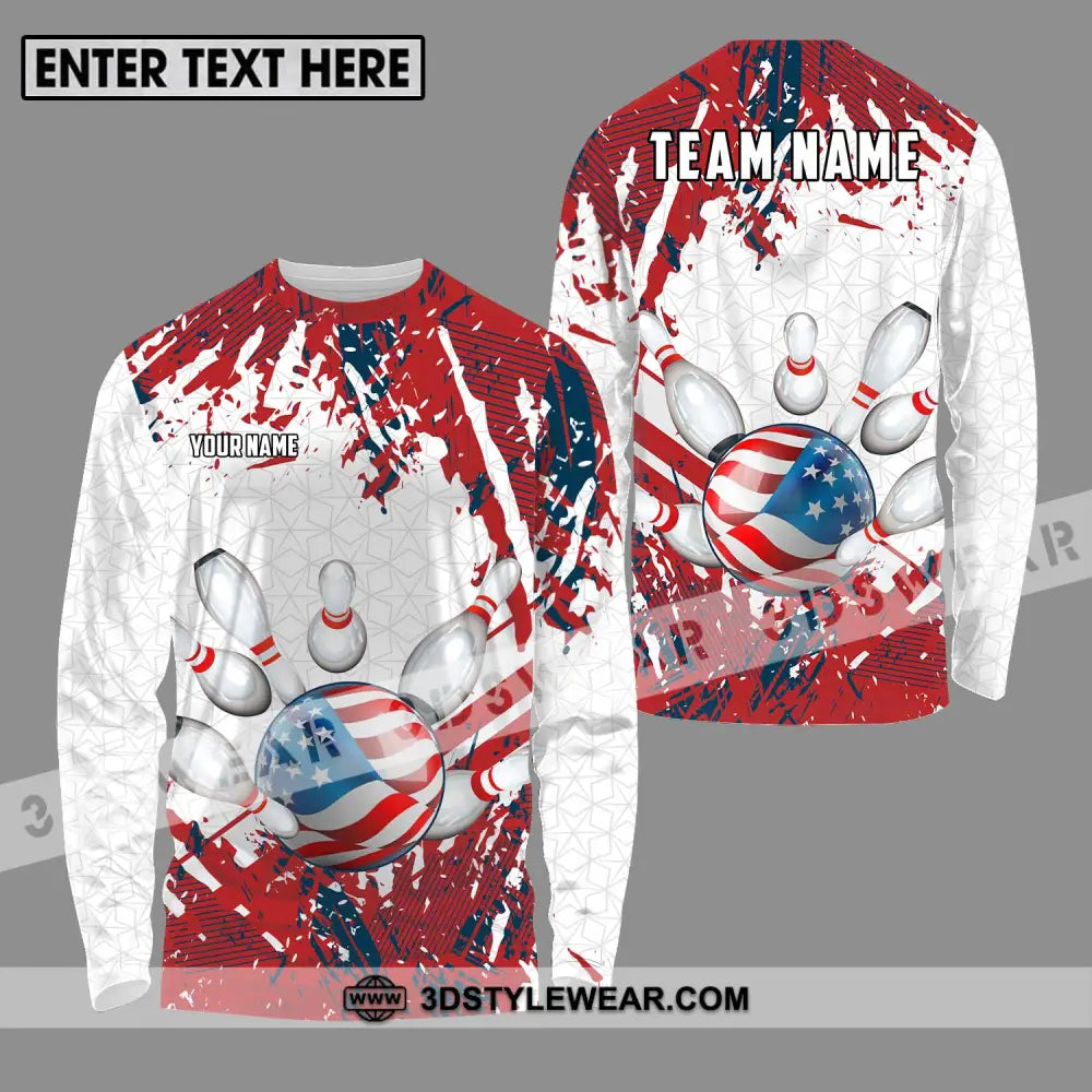 Unisex Shirt - Custom Name And Team Sport America Flag Color Bowling Ball Long Sleeve / S T-Shirt