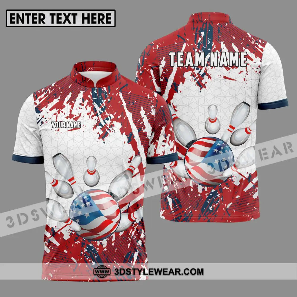 Unisex Shirt - Custom Name And Team Sport America Flag Color Bowling Ball Zipper Polo / S T-Shirt