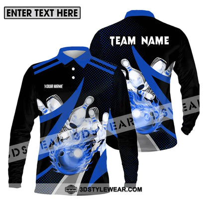 Unisex Shirt - Custom Name And Team Sport Bowling Blue Ball Long Sleeve Polo / S T-Shirt