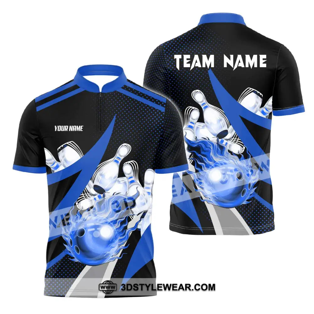 Unisex Shirt - Custom Name And Team Sport Bowling Blue Ball Zipper Polo / S T-Shirt